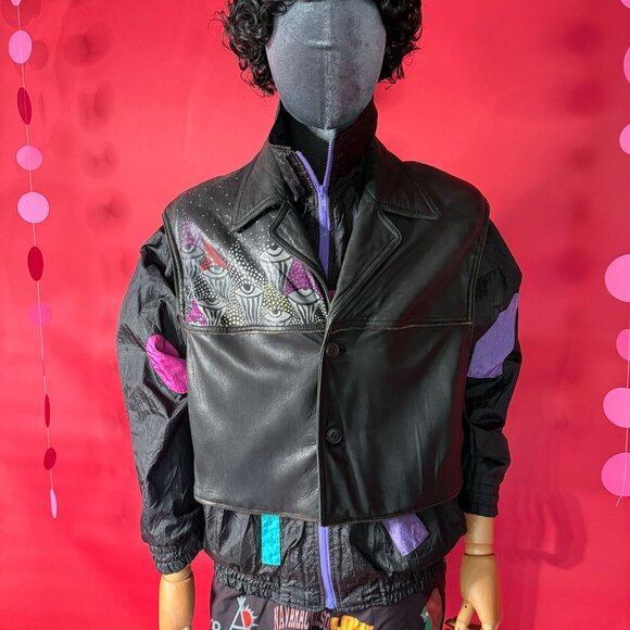 Vintage 90s Upcycled Black Leather Vest – Hand Painted All Seeing Eye Design - Picture 4 of 12